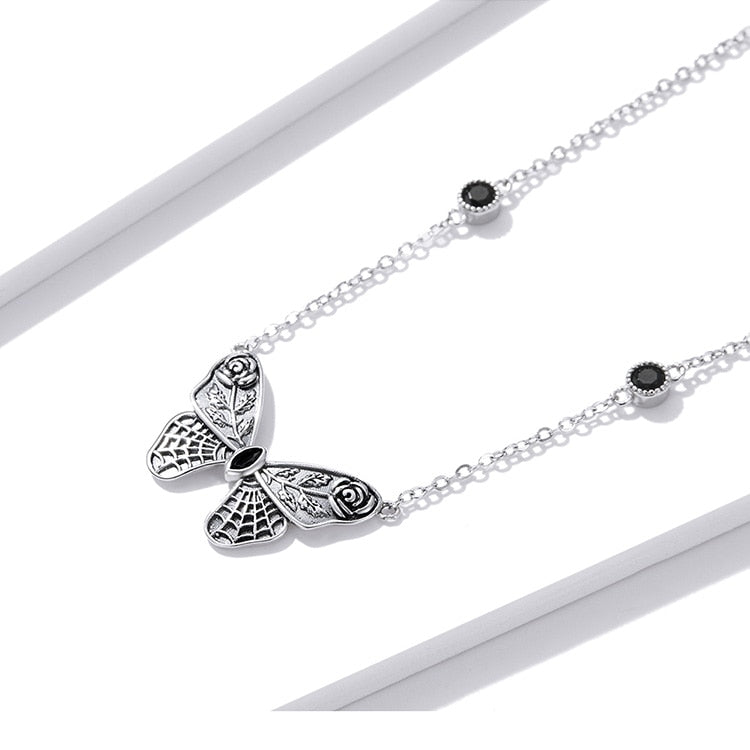 Moon Silver Vintage Dark Gem Big Butterfly Necklace