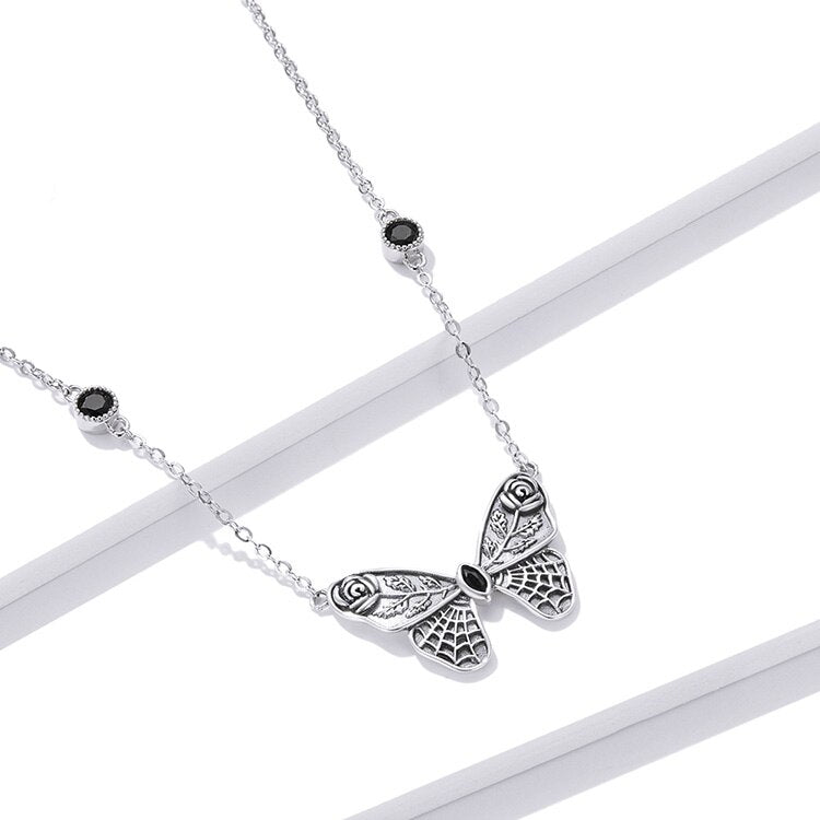 Moon Silver Vintage Dark Gem Big Butterfly Necklace