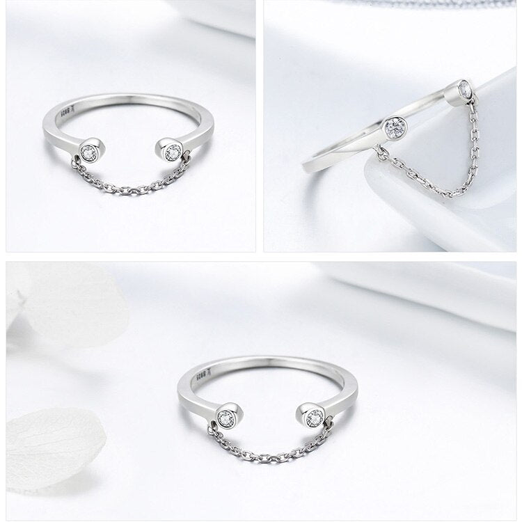 Moon Silver Tassel Adjustable Clear CZ Finger Ring