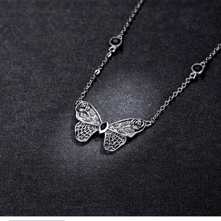 Moon Silver Vintage Dark Gem Big Butterfly Necklace