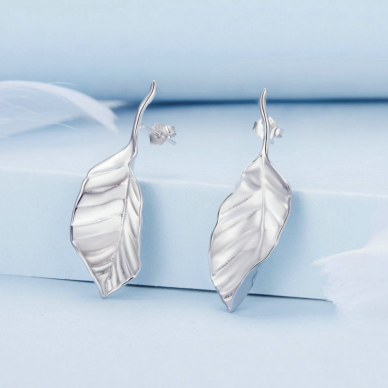 Moon Silver Leaf Stud Earrings Leaves Drop Earrings